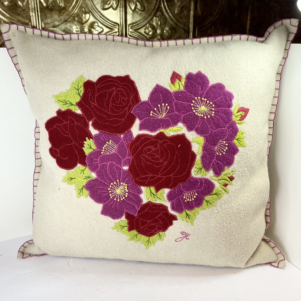 Jan Constantine England Hand Embroidered Felted Wool Pillow floral heart design